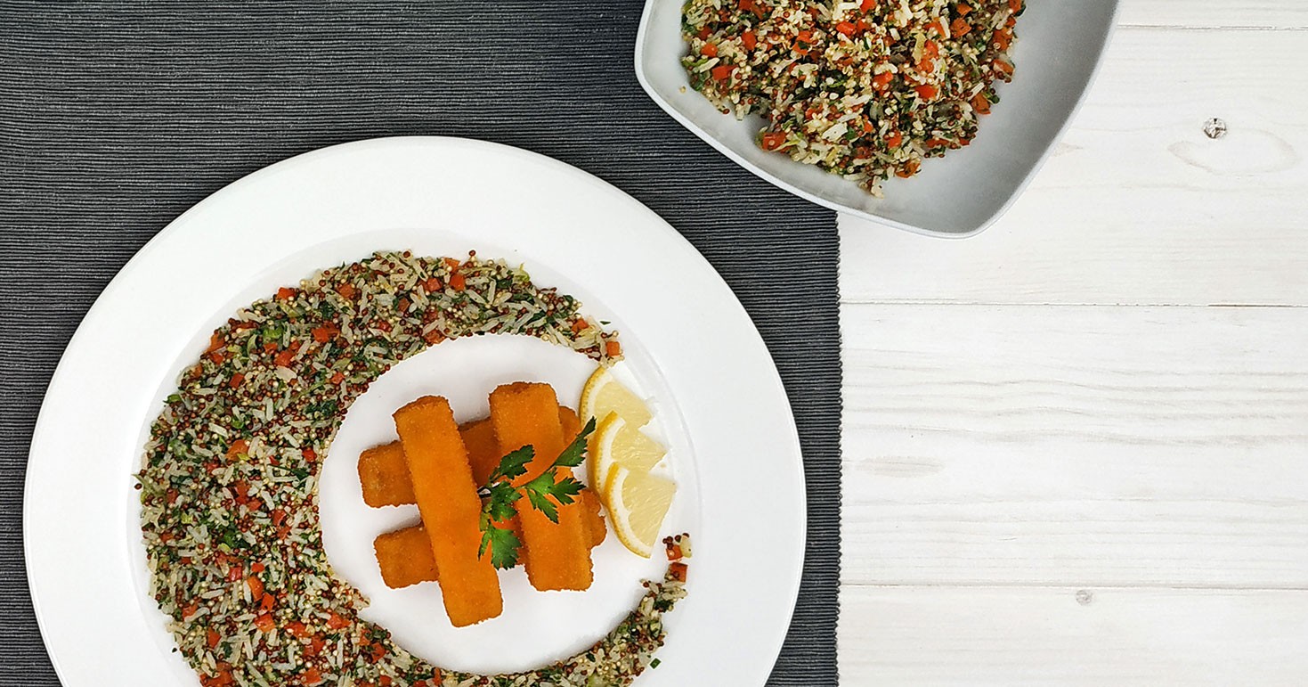 Fish sticks χωρίς γλουτένη με ρύζι jasmin και κινόα